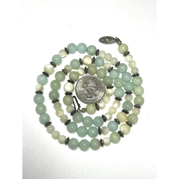 Necklace 24" Genuine Aventurine MOP Shell Jadeite Bead Vtg Estate Jewelry O30 - Picture 3 of 4